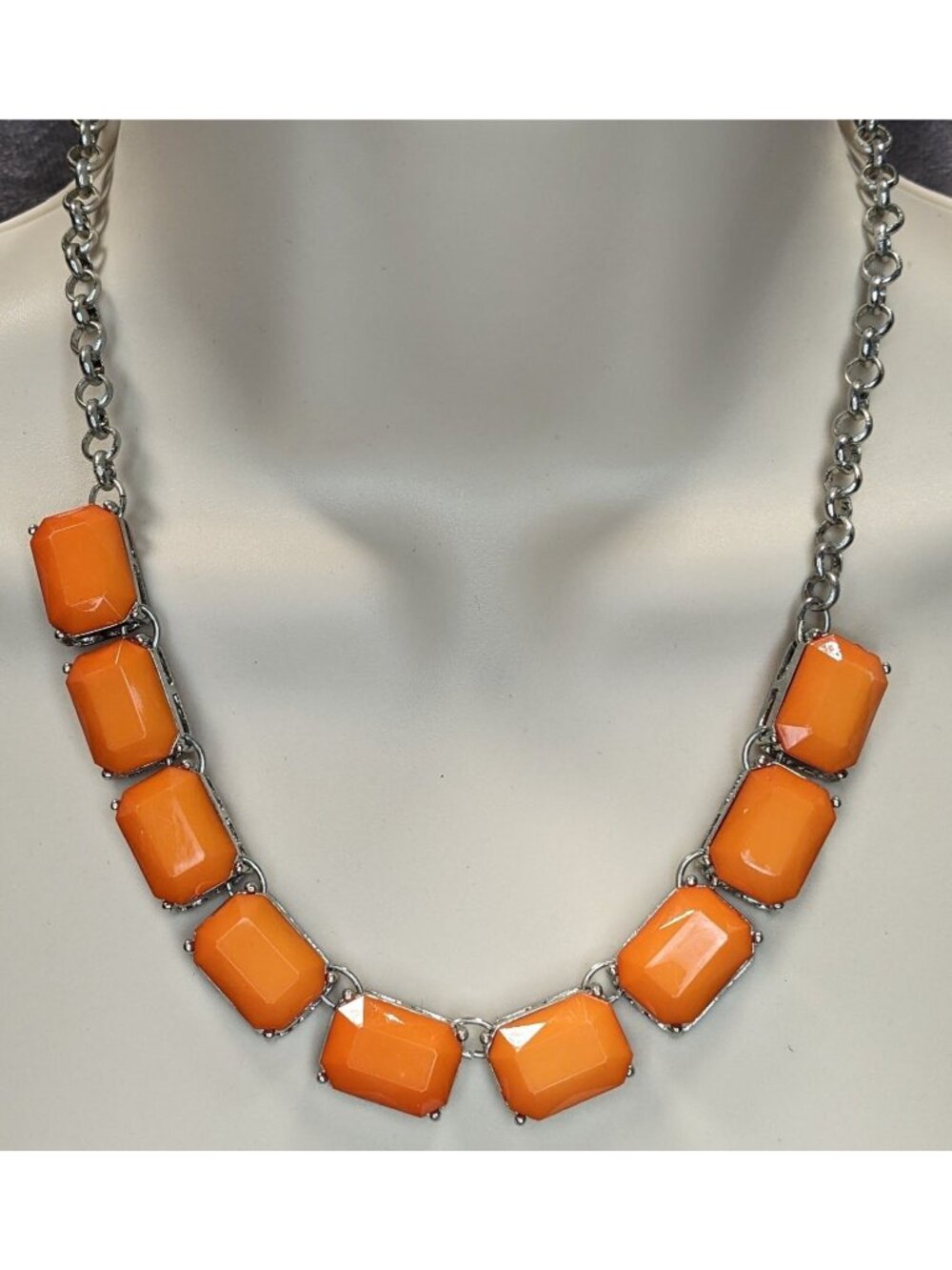 Retro Orange Statement Necklace With Silver-Tone Chain